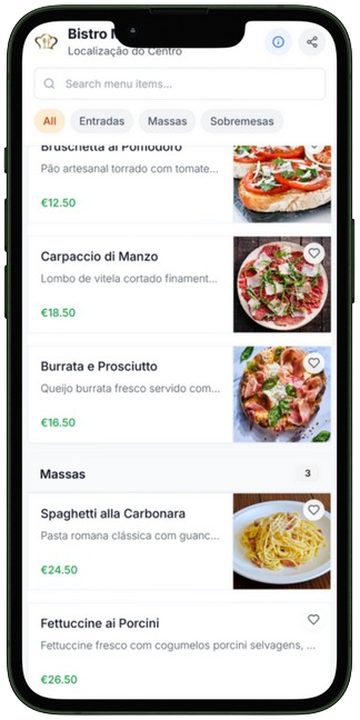 Mockup de ementa digital de restaurante com código QR no telemóvel
